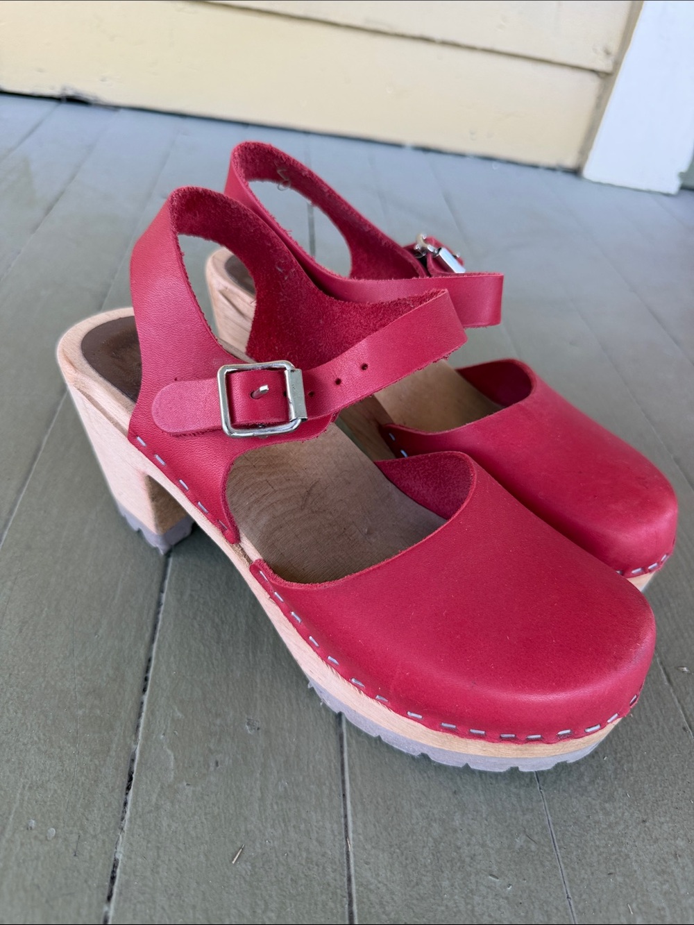 Swedish Hasbens red leather & wood clogs